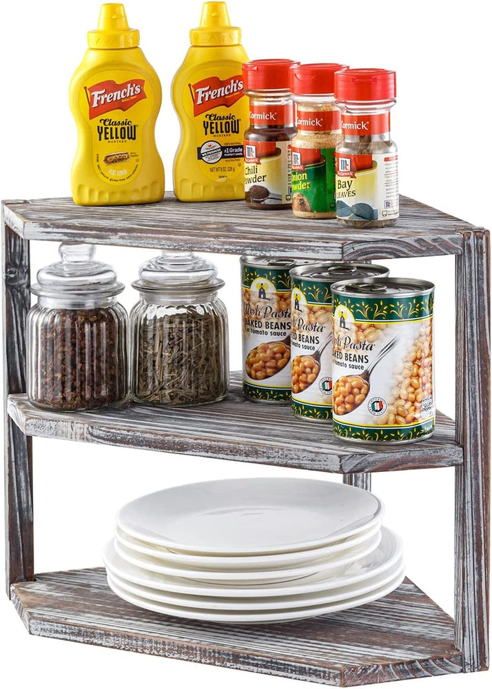Tiered Torched Wood Kitchen Countertop Corner Organizer Shelf-MyGift