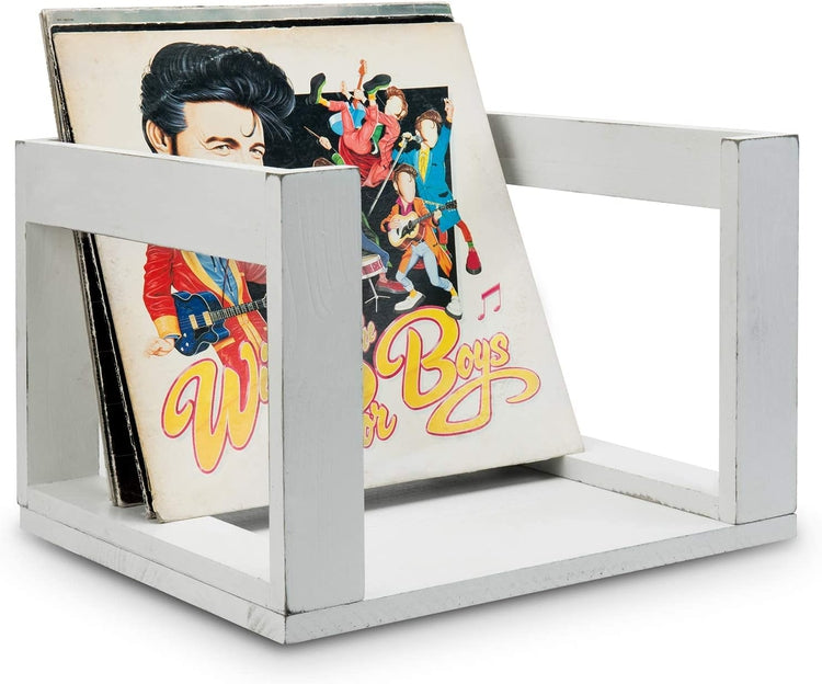 Vintage White Wood Record Storage Box, Vinyl Album Display Crate-MyGift