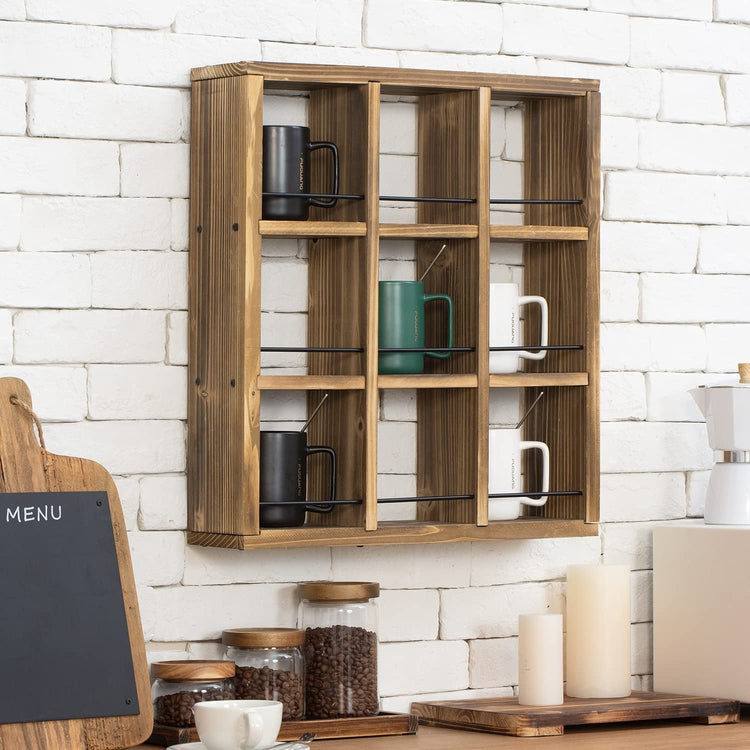 Wall Mounted Coffee Mug Display Rack, Rustic Burnt Wood Collectible Travel Mug Cup Holder Shadow Box Shelf-MyGift