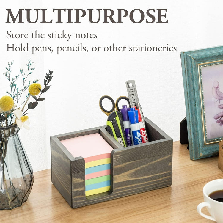 Gray Wood Sticky Note and Stationery Holder Stand, Office Desktop Storage Caddy for Note Pads, Pen Pencil Cup-MyGift