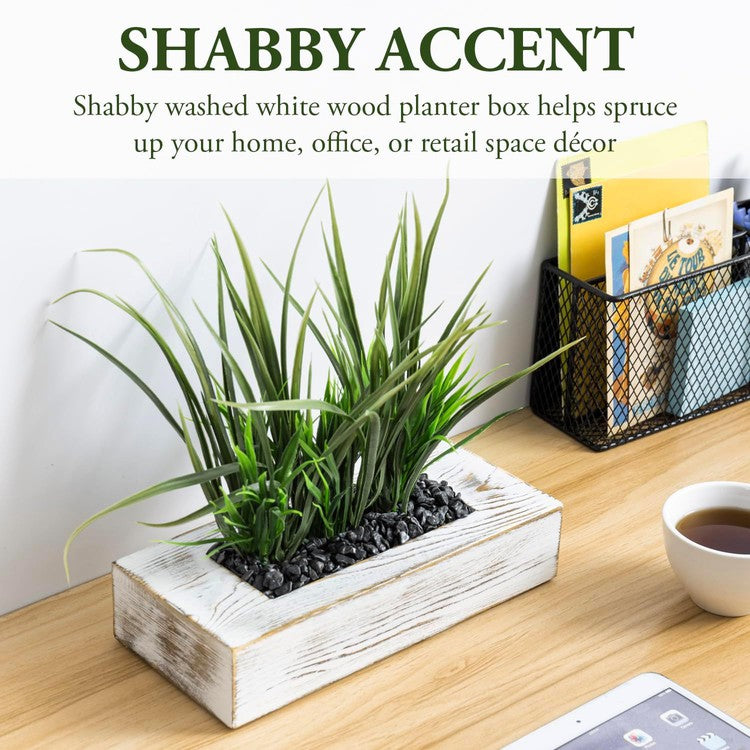 9.5 Inch Artificial Green Grass Plants in Whitewashed Weathered Wood Rectangular Planter, Faux Greenery Centerpiece-MyGift