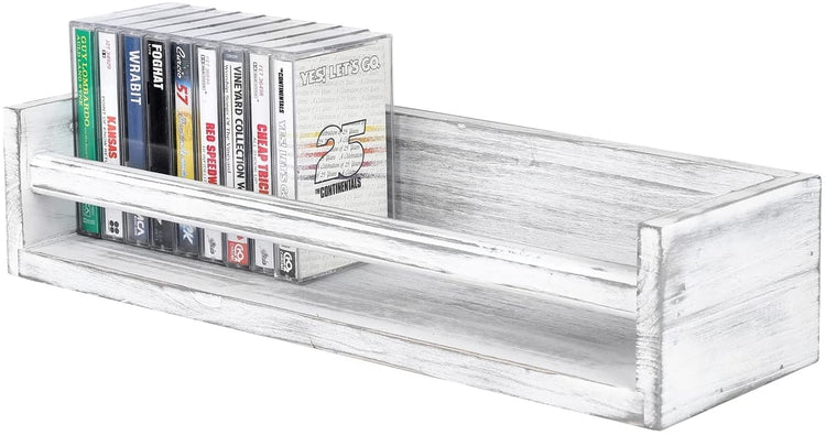 Whitewashed Wood Storage Shelf, Wall Mounted Retro Cassette Tape Holder Display Rack-MyGift