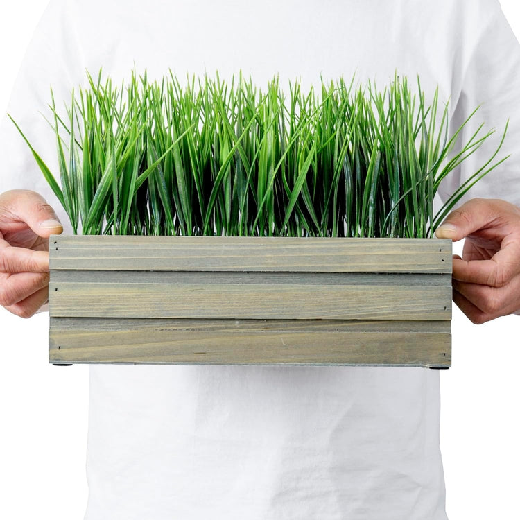 Artificial Green Grass Plant in Gray Brown Solid Wood Planter Box, Rectangular Plant Container-MyGift