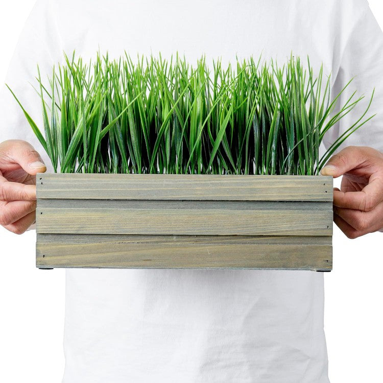12 Inch Artificial Green Grass Plant in Vintage Gray Brown Solid Wood Planter Box, Rectangular Crate Style Container-MyGift