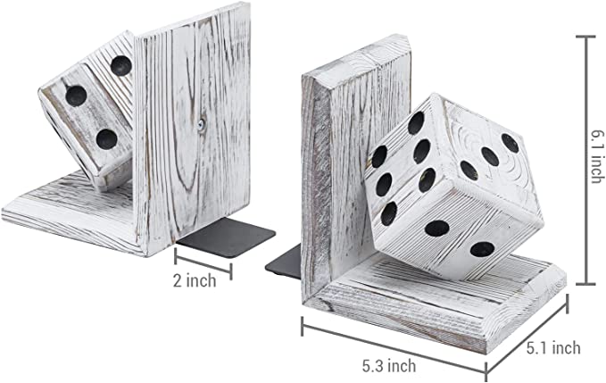 Vintage White Sturdy Book Stands, Decorative Bookends with Gaming Dice Sculpture, 1 Pair-MyGift