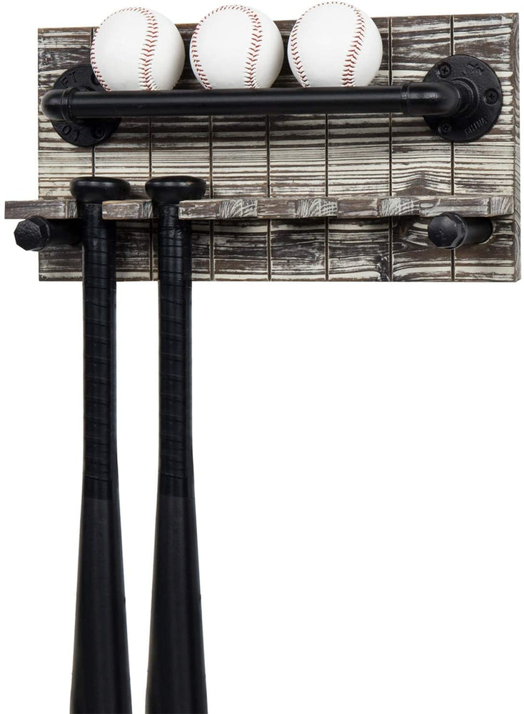 Torched Wood and Black Industrial Metal Pipe Wall Mounted Baseball and Bat Holder Display Rack-MyGift
