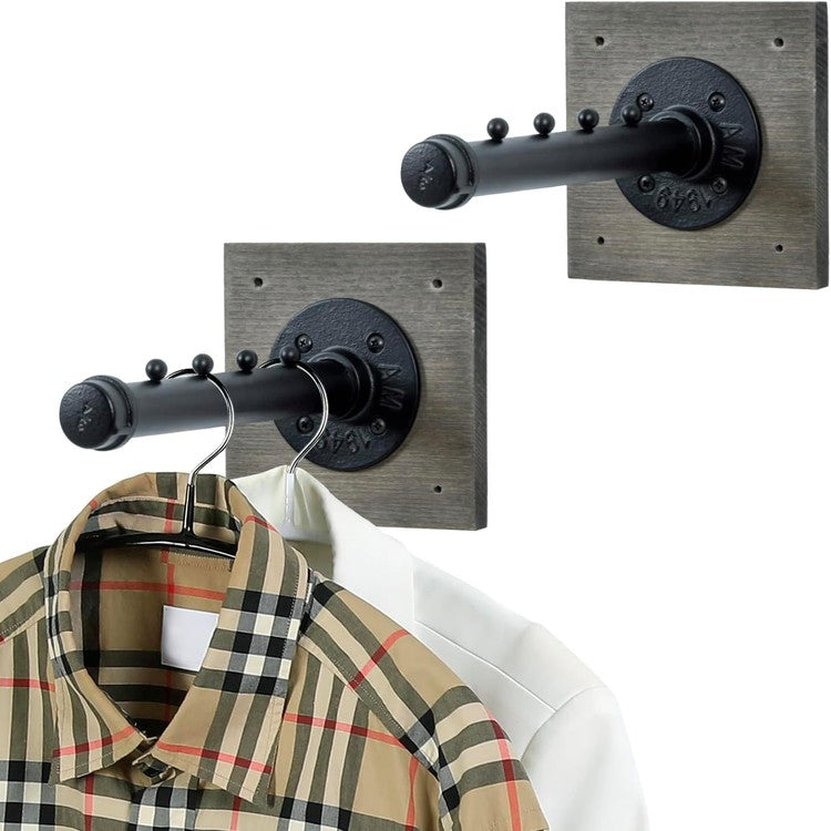 Set of 2, Wall Mounted Gray Wood and Industrial Black Metal Pipe Valet Bar, Clothing Hanger Rack with 4 Garment Hooks-MyGift
