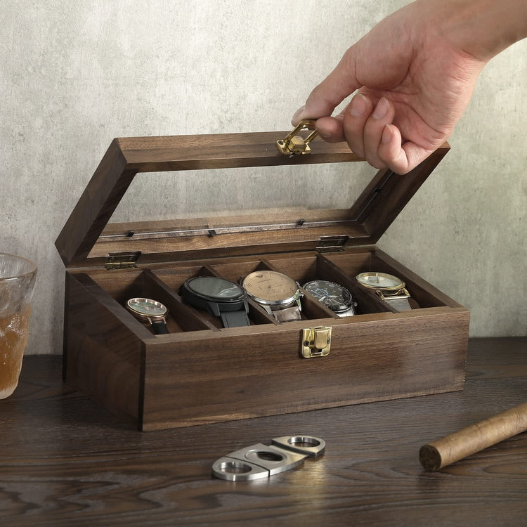 Walnut Wood Wristwatch Storage Box, Tabletop Watch Display Case with Clear Acrylic Lid and Removable Brown Velvet Pads-MyGift