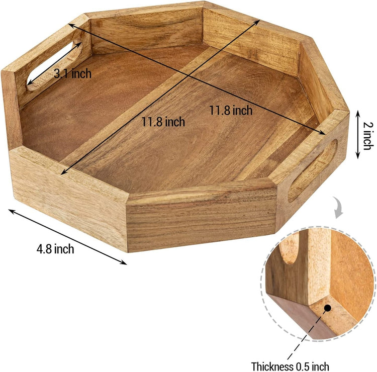 12 Inch Acacia Wood Octagonal Serving Tray, Octagon Shaped Coffee Table Tray with Cutout Handles-MyGift