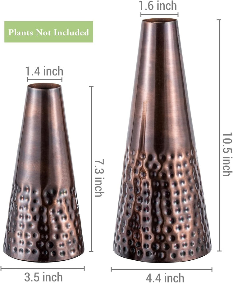7 and 10.5 Inch Copper Tone Metal Tapered Flower Vases with Hammered Pattern, Handcrafted Vase for Floral Arrangements-MyGift