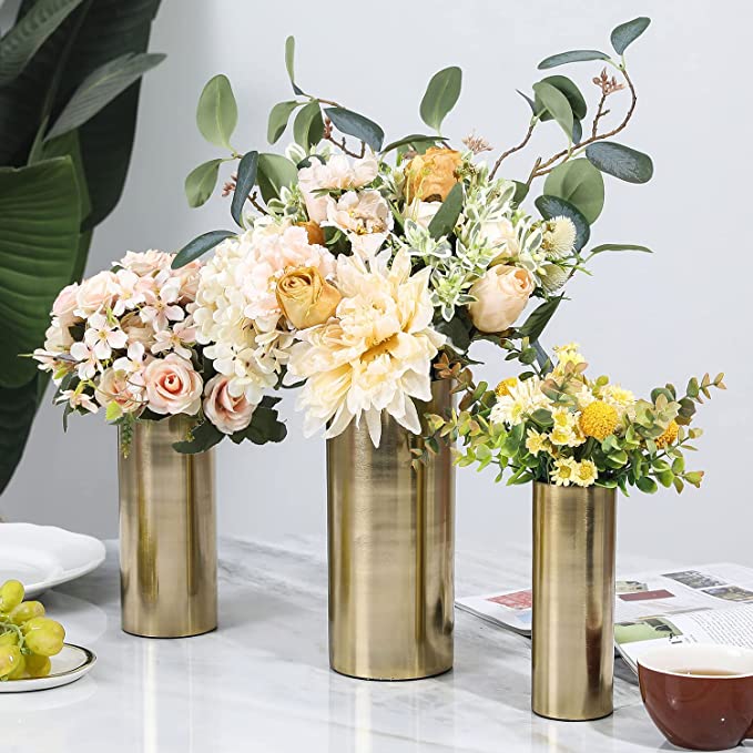 Modern Metal Flower Vase Set of 2, Tall Brass Tone Cylinder Centerpiece Flower Vases-MyGift
