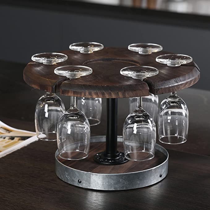Rustic Burnt Wood Wine Flight Tasting Server Tray, Tabletop Stemware and Wine Bottle Serving Stand-MyGift