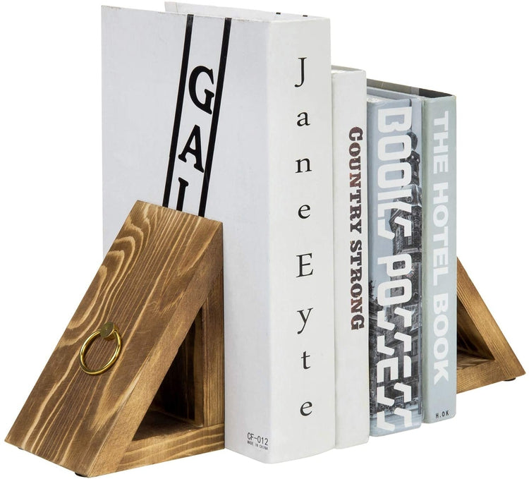 Brown Burnt Wood Triangular Decorative Desktop Bookends with Brass Tone Ring Handle Accents-MyGift