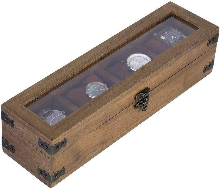 Walnut Wood Wristwatch Storage Case, Jewelry Organizer Box with Clear Acrylic Lid, Lock and Brass Metal Corner Accents-MyGift