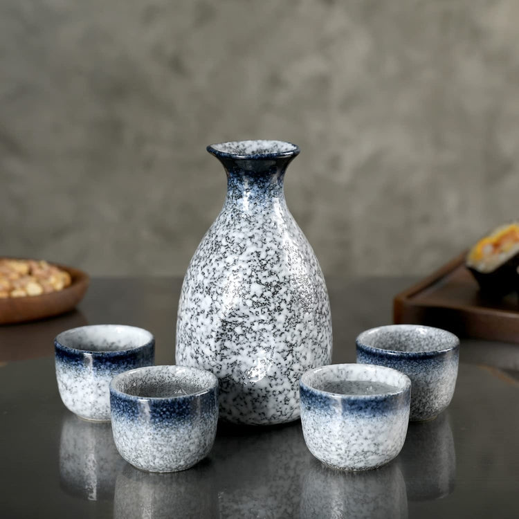5 Piece Sake Drinking Glass Set, Blue and White Speckled Ceramic Japanese Sake Set, Serving Carafe and 4 Shot Glasses