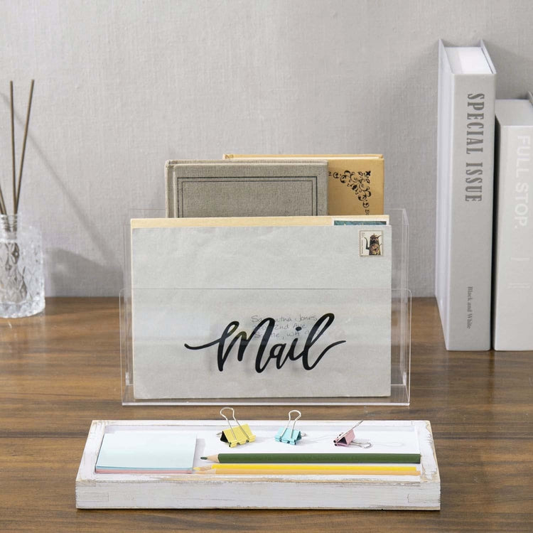 Clear Acrylic Mail Sorter with Removable Whitewashed Wood Tray Base, Desktop Letter Holder with Black Cursive MAIL Label-MyGift