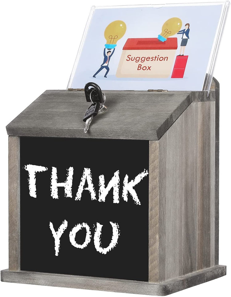 Weathered Gray Wood Lock Suggestion Box, Tip, Donation Box, Wall Mounted Locking Ballot Box, Clear Acrylic Sign Holder and Chalkboard-MyGift