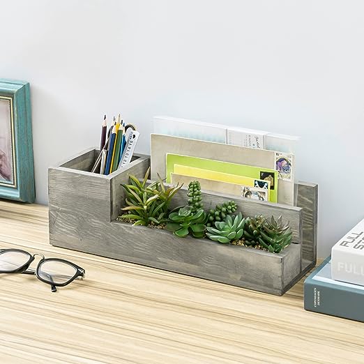Gray Wood Desktop Organizer with Artificial Mini Succulent Plants, Mail Sorter and Office Stationery Holder-MyGift
