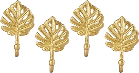 Vintage Gold Metal Wall Hanging Hooks with Leaf Design, Wall Mounted Entryway Coat Hooks, Set of 4-MyGift