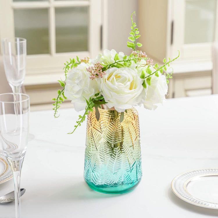 White Faux Roses Artificial Flower Bouquet in Aqua Gradient Glass Vase and Gold Trim with Leaf Embossed Design-MyGift