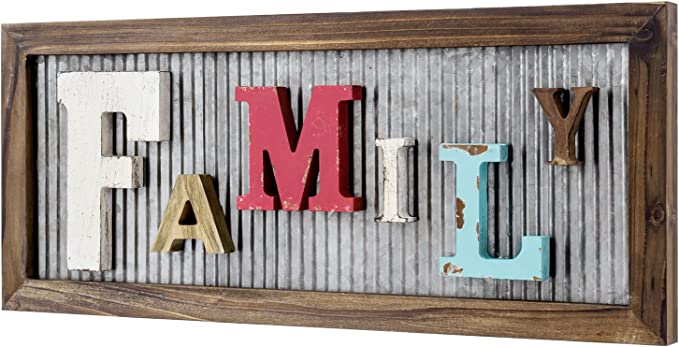 Decorative Word Sign, Rustic Mixed Color Family Wall Décor with Galvanized Metal and Burnt Brown Wood Frame-MyGift