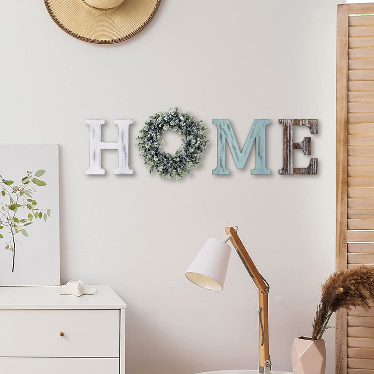 Home Sign Wall Decor Home Letters for Wall with Artificial Boxwood Wreath, Wood Individual Cutout Letters-MyGift