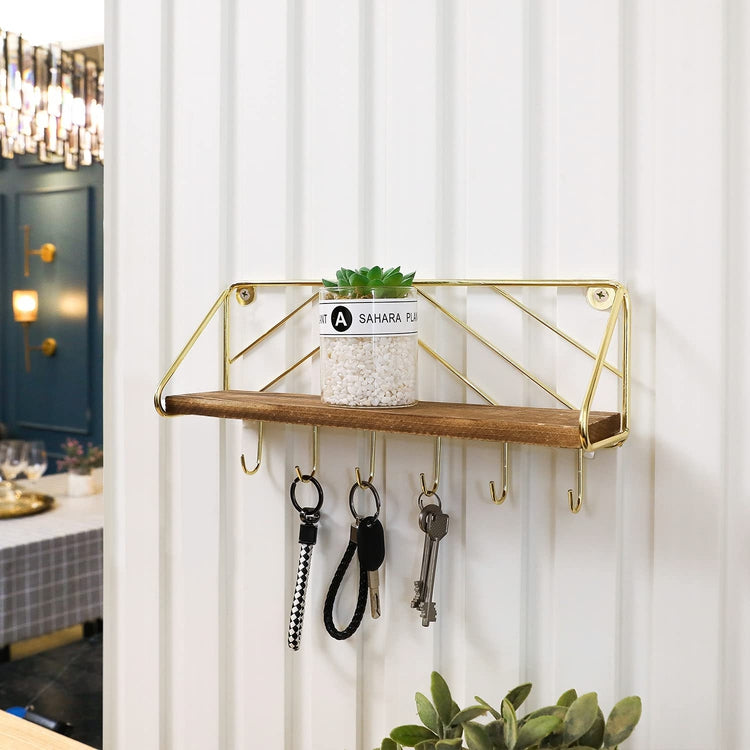 Brass Metal and Burnt Wood Entryway Key Holder Rack with 6 Hooks and Floating Display Shelf-MyGift