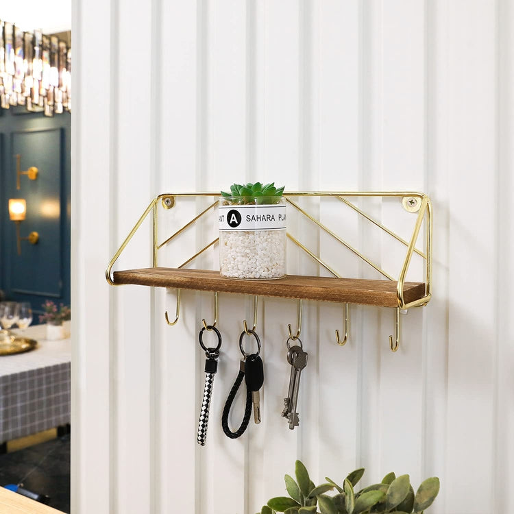 Brass Metal and Burnt Wood Entryway Key Holder Rack with 6 Hooks and F ...