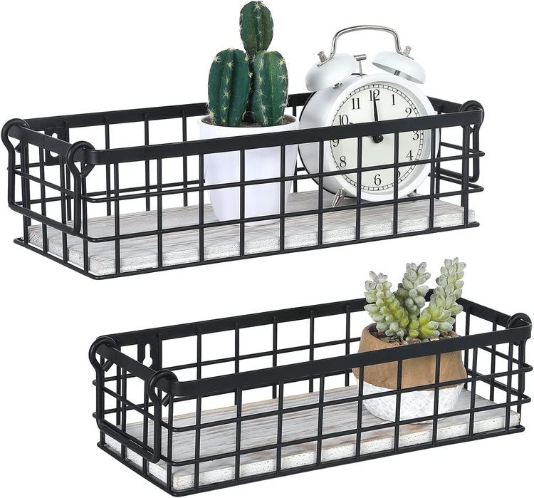 Set of 2, Decorative Storage Baskets with Handles, Black Metal Wire and Whitewashed Wood Rectangular Wall Baskets-MyGift