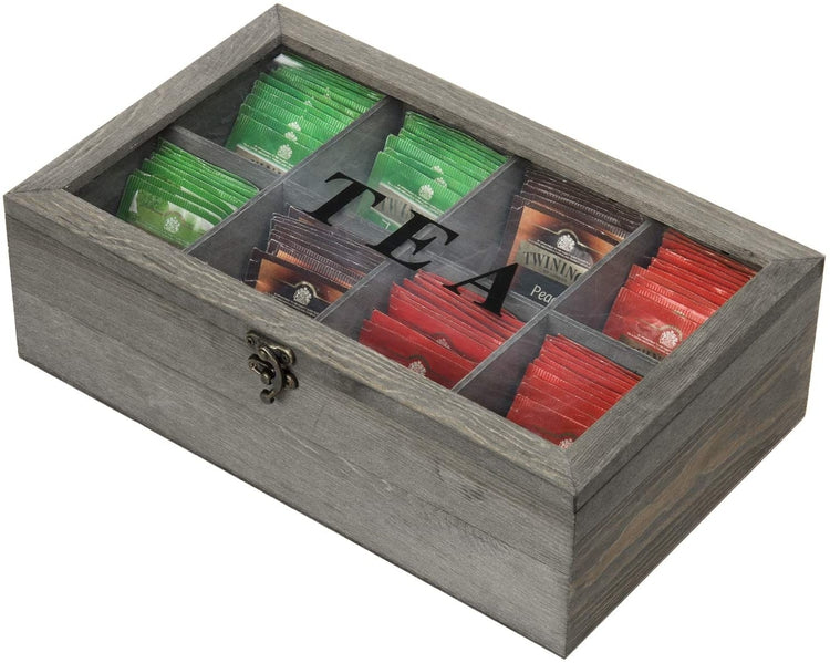 8 Compartment Gray Wood Tea Bag Storage Box Chest with Clear Acrylic Lid-MyGift