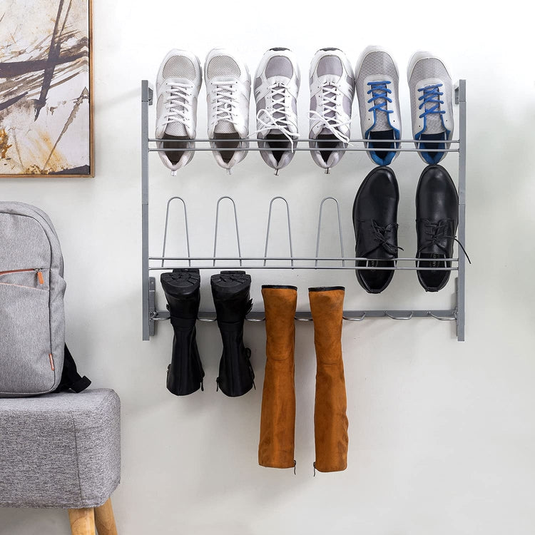 9-Pair, Wall Mounted Silver Metal Wire Boot and Shoe Rack, Footwear Storage Organizer-MyGift