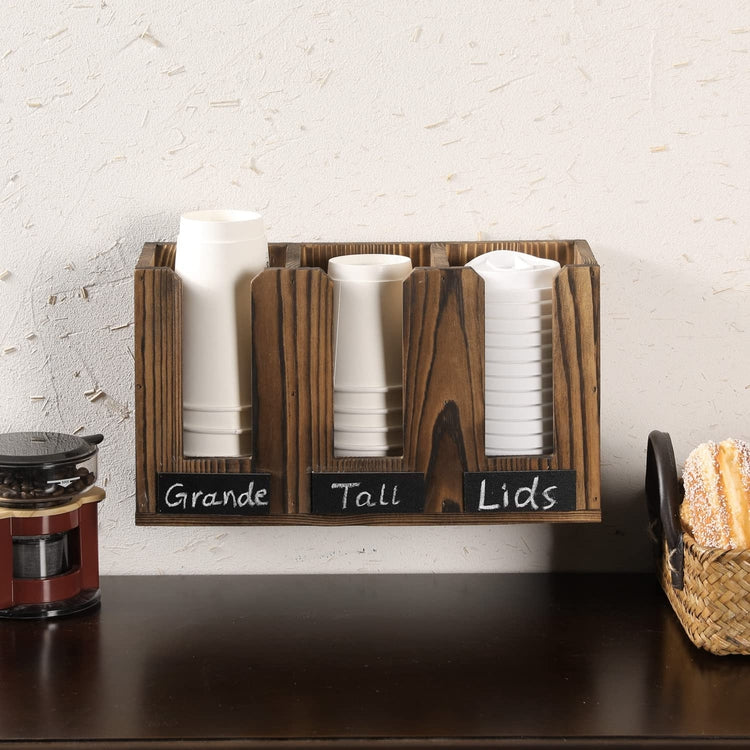 Burnt Wood Coffee To Go Cup Server Caddy with Chalkboard Labels, Wall Mounted or Countertop Drink Station Organizer Rack-MyGift