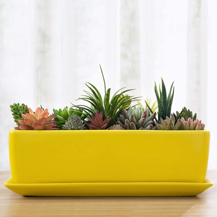 14-inch Yellow Rectangular Ceramic Succulent Window Box Planter Pot with Saucer-MyGift