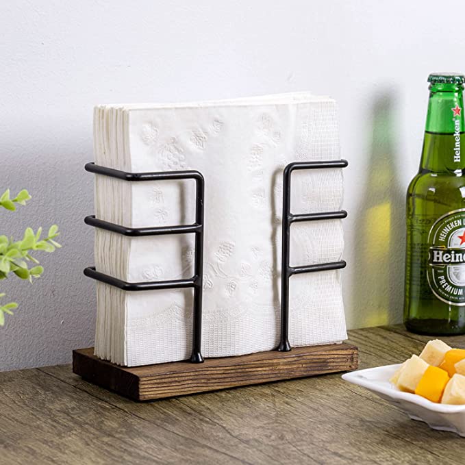 Freestanding Rustic Napkin Holder with Burnt Brown Wood and Industrial Black Metal Geometric Design-MyGift