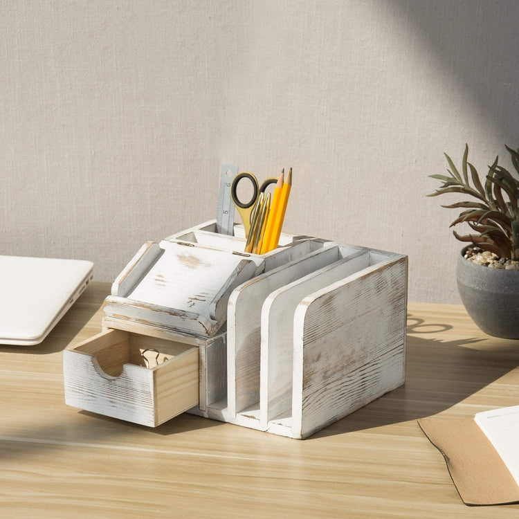 Whitewashed Wood Desktop Office Organizer w/ Sticky Note Pad Holder, Mail Sorter & Pullout Drawer-MyGift