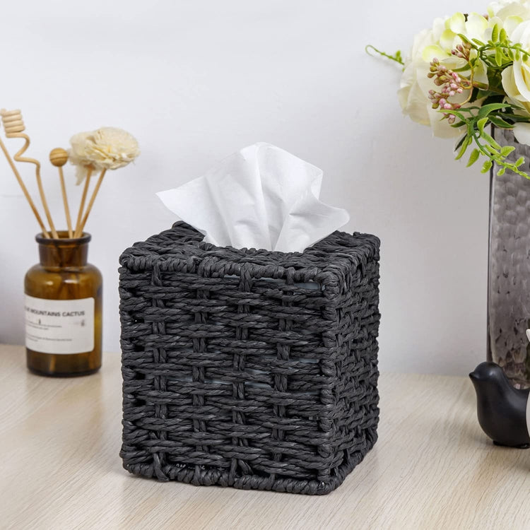 Black Decorative Rope Woven Square Tissue Box Holder Cover-MyGift