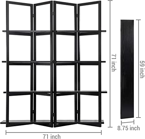 4 Tier Black Display Shelf Rack, Wood Room Divider with 4 Shelves-MyGift