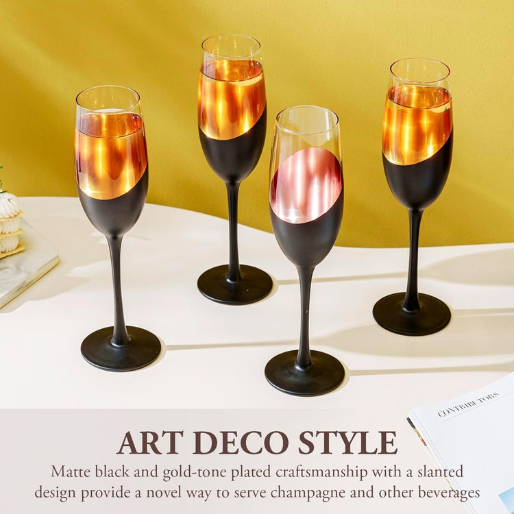 Set of 4, 8oz Stemmed Champagne Flutes with Angled Matte Black and Copper Plated Accent, Sparkling Wine Stemware-MyGift