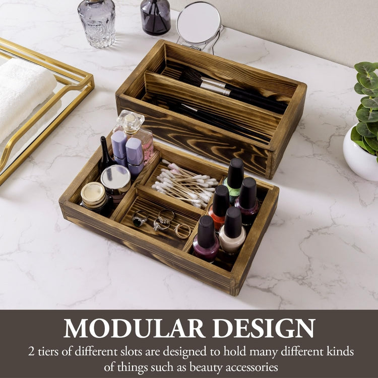 Tiered Burnt Wood Stackable Modular Vanity Storage Organizer Box, Decorative Countertop Caddy with Interchangeable Trays-MyGift