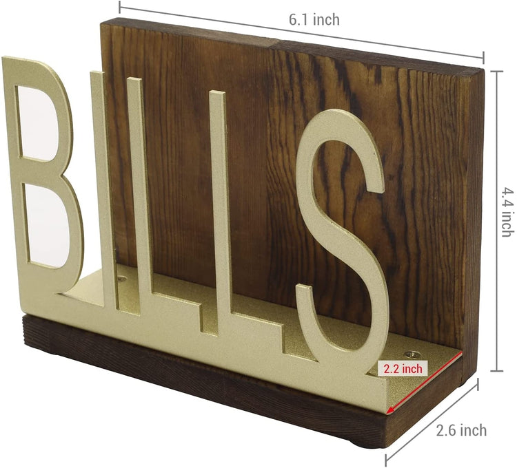 Burnt Wood Desktop Mail Holder for Desk with Brass Metal BILLS Cutout Design-MyGift