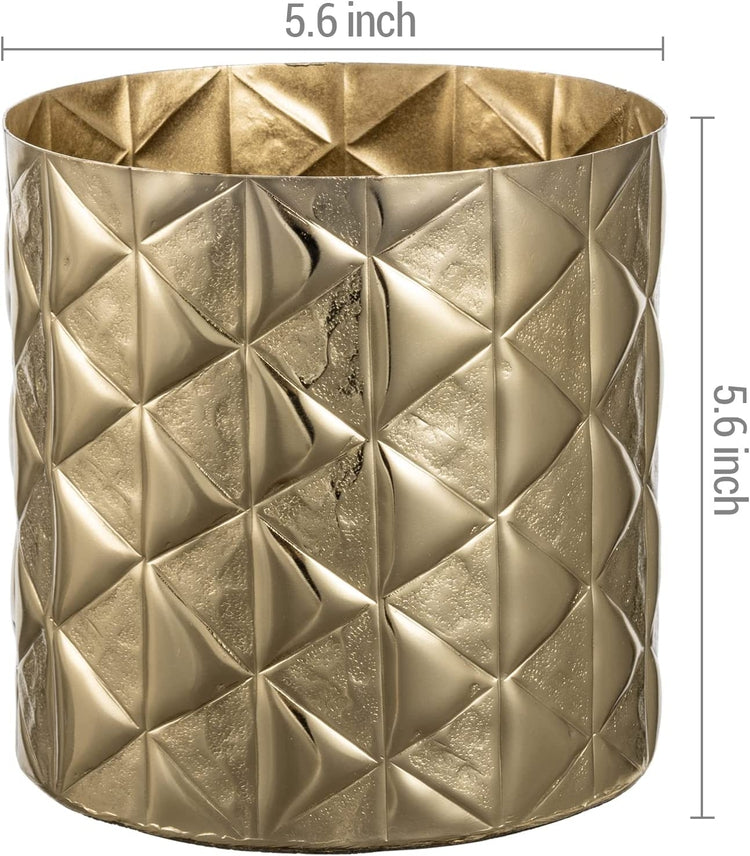 5.5 Inch Brass Tone Aluminum Planter with Geometric Embossed Triangle Pattern, Decorative Designer Metallic Flower Pot-MyGift