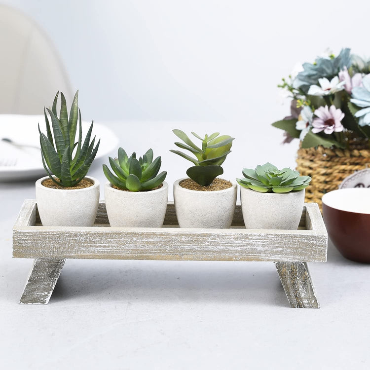 5 Piece Assorted Artificial Succulent with Plant Stand, Potted Fake Plant Decor with Distressed Brown Wood Display Tray-MyGift