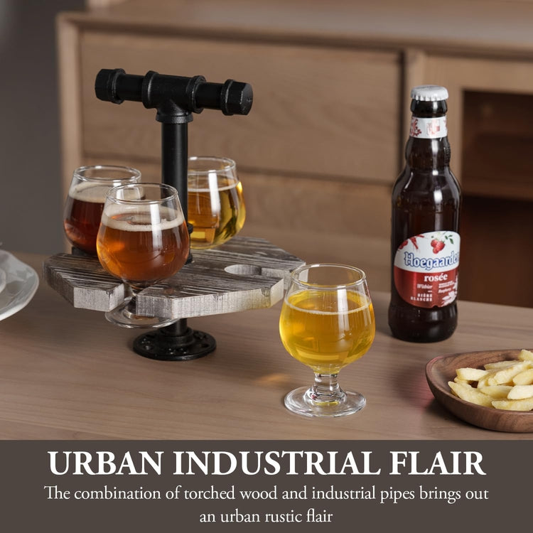 Torched Wood Beer Flight Set, Whiskey Serving Tray with Black Metal Pipe Handle and 4 Small Snifter Tasting Glasses-MyGift