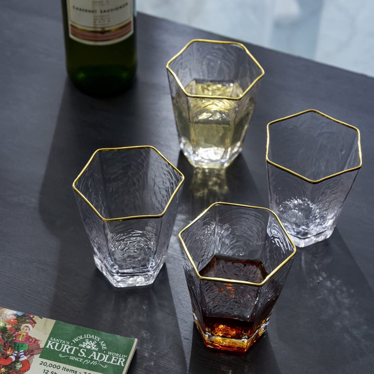 Set of 4, Low-Ball Cocktail Glasses, Ripple Pattern Hexagon Gold Rimmed Old-Fashioned Drinkware Glasses-MyGift