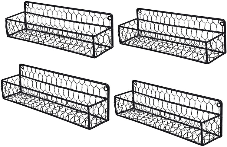 Set of 4, 12-inch Black Chicken Wire Wall Mounted Spice Rack, Kitchen Storage Shelves-MyGift