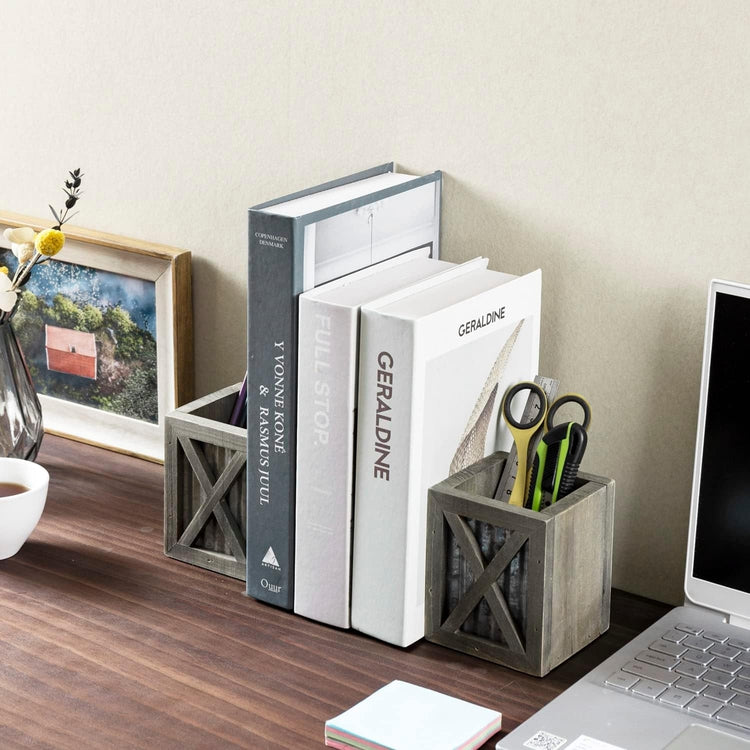 Gray Wood and Corrugated Galvanized Metal Bookends, Desktop Book Ends with Pen Holder Pencil Cup Stationery Storage Bins-MyGift