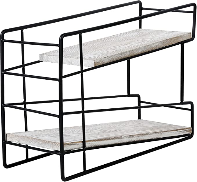 2 Tier Whitewashed Wood and Black Metal Wire Can Rack Organizer, 2-Tier Canned Food Dispenser Storage Organizer Rack-MyGift