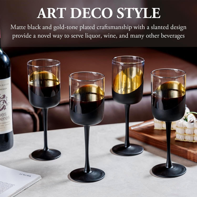 Set of 4, 14 oz Tilted Matte Black and Gold Tone Plated Round Stemmed Wine Goblet Glasses, Angled Dipped Stemware-MyGift