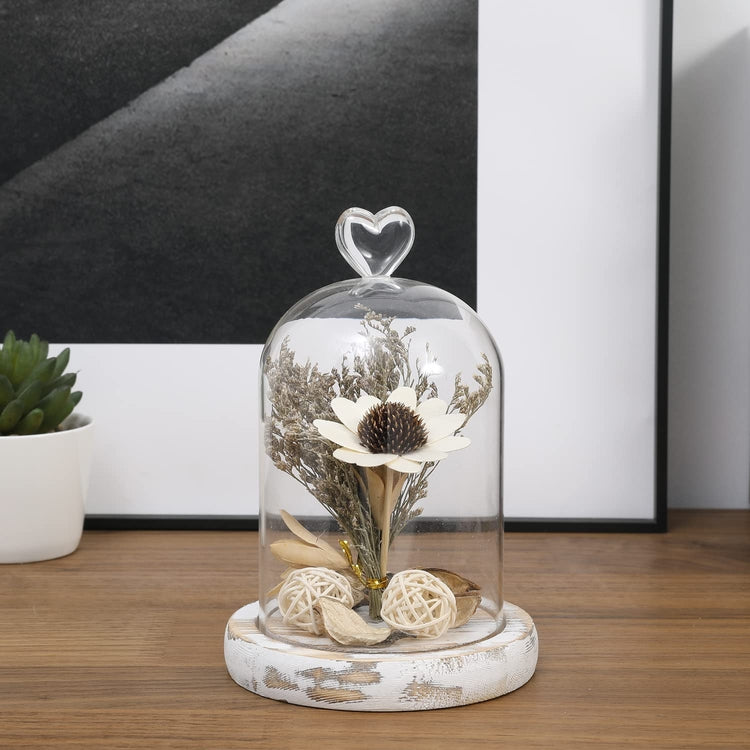 Mini Tabletop Display Case Dome with Whitewashed Wooden Base and Clear Glass Cloche Bell Cover with Heart Handle-MyGift