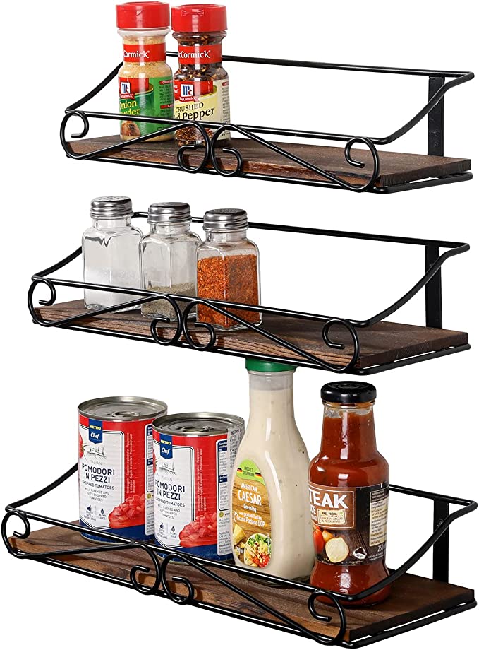 Rustic Burnt Wood Wall Mounted Spice Racks with Vintage Scrollwork Design, Set of 3-MyGift
